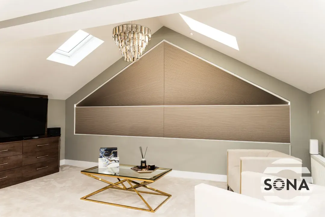 closed gable end blinds covering a shaped window