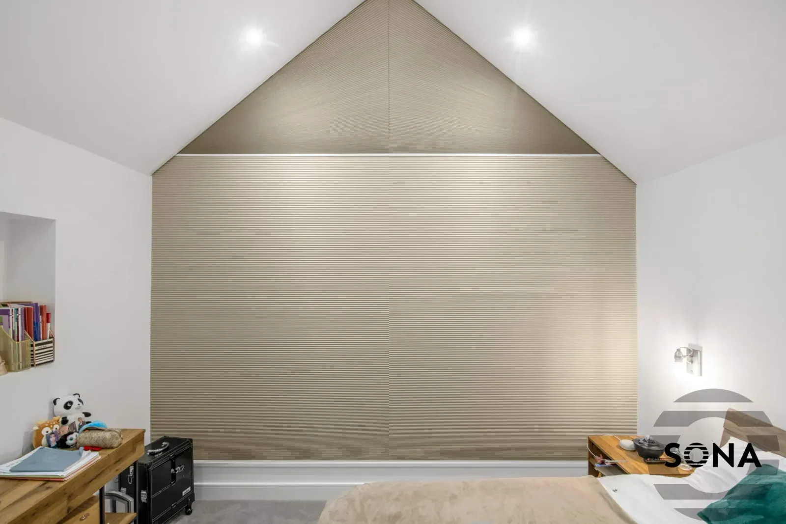 beige gable end blinds in a closed position in a bedroom
