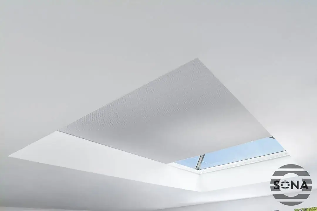 Smart electric lantern blind almost closed to show the quality blind fabric.